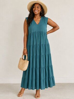 Merlette Teal V Neck Boho Sleeveless Swing Cotton Tiered Maxi Sundress Sz M
